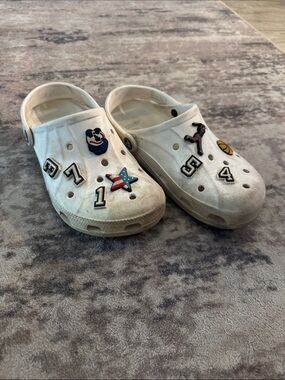 Mens White Slip-On Clog Shoes with Decorative Charms crocs